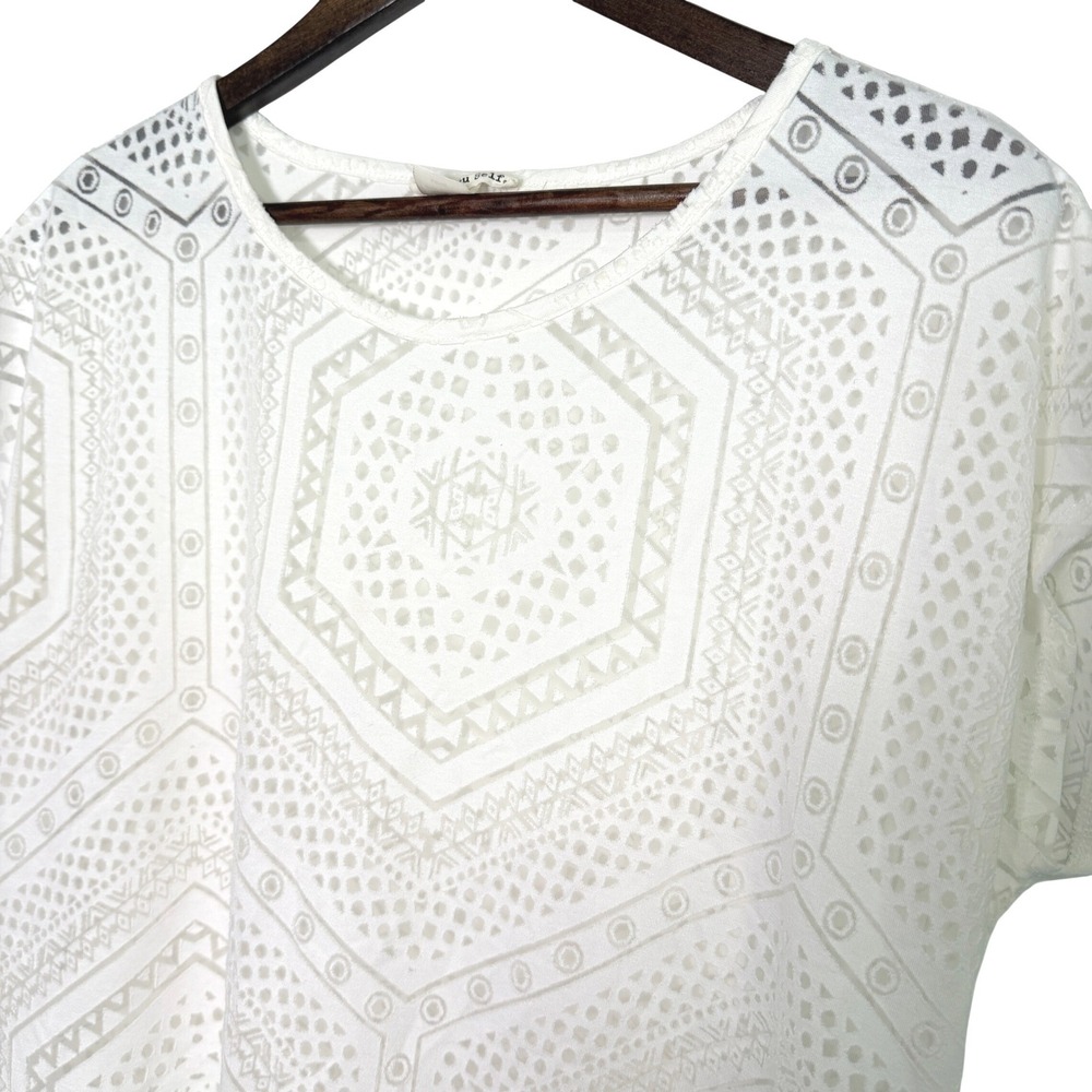 Tru Self Women White Geometric Burnout Short Sleeve Top Large 0WDG-AGJC